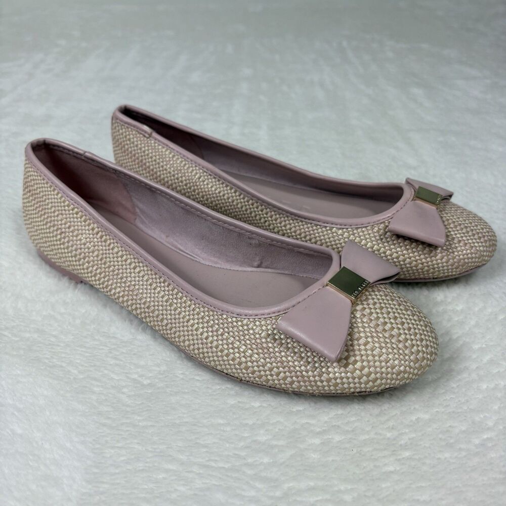 Ted Baker Sualli Raffia Ballet Flats Pink Bow 39.5 9 Preppy Old Money Designer